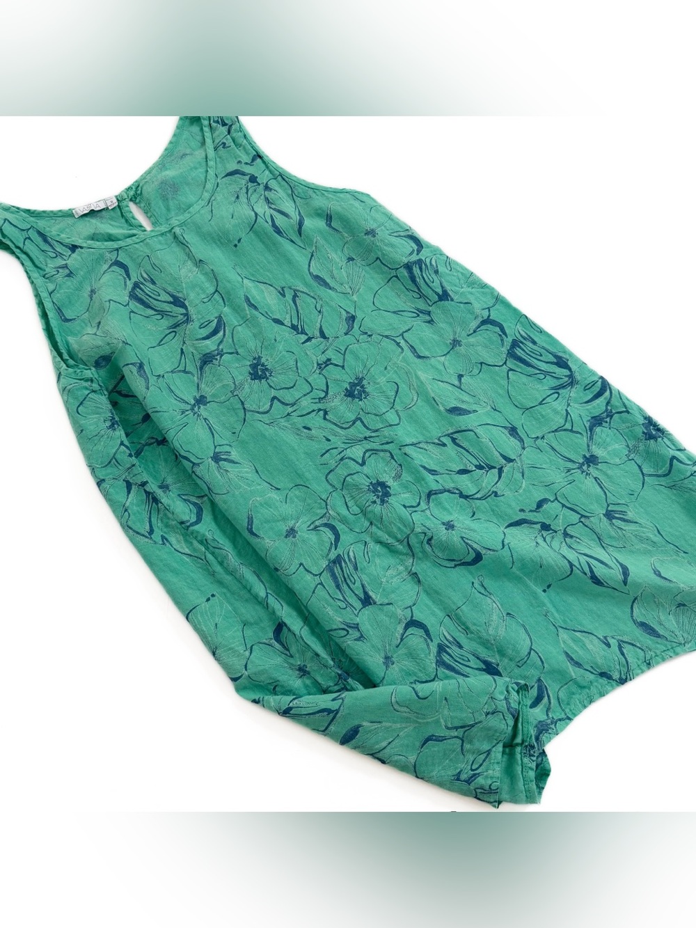 Vasna Dress Womens 1X 100% Linen Green Navy Floral Shift Lagenlook